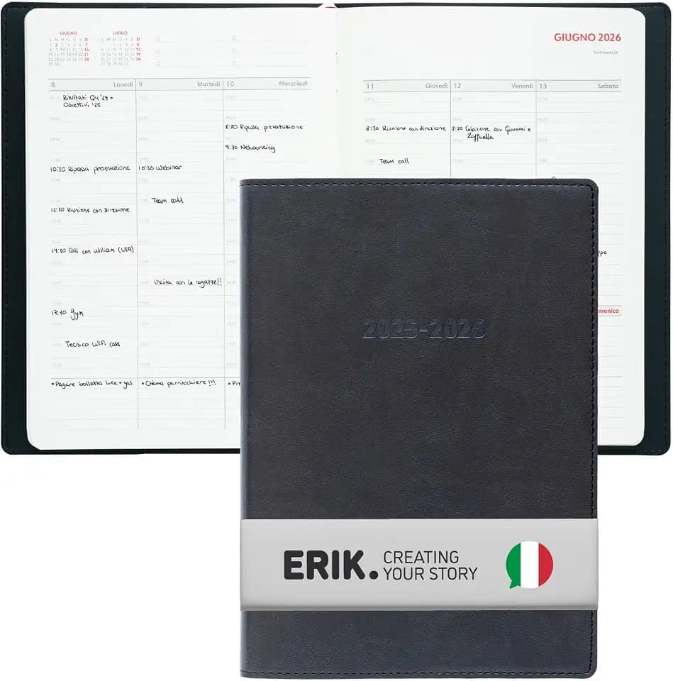 Grupo Erik: Tagebuch 2025/2026 auf Italienisch - Tagebuch Wochenplaner A5, Terminplaner für Termine, Intervalle von 30 Minuten und Notizraum, weicher Einband Schwarz, Juli 2025 - August 2026