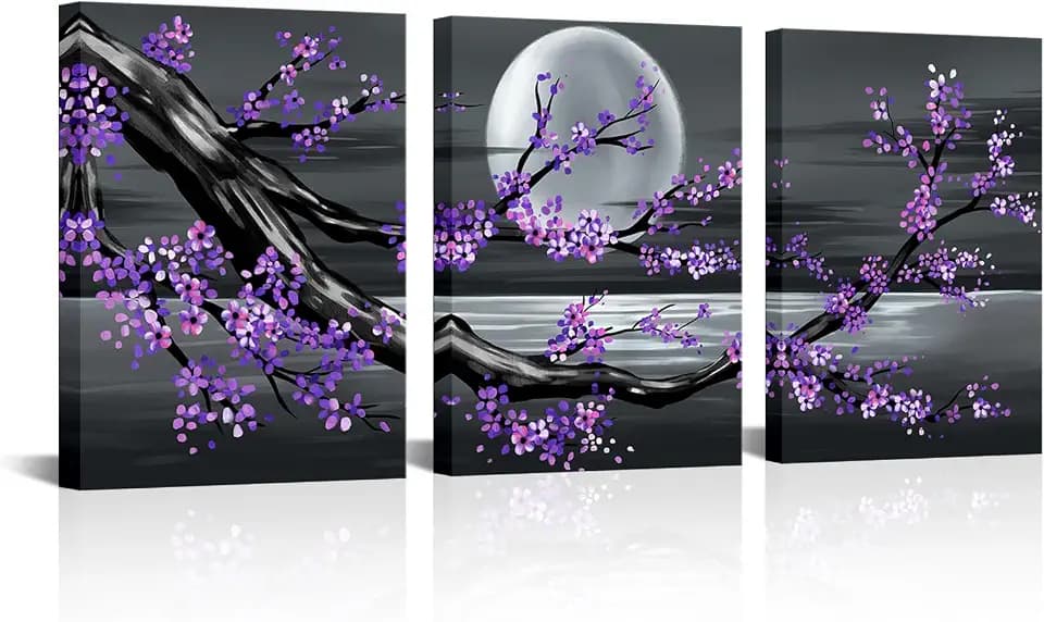 LoveHouse Purple Wall Art Flower Landscape Decor Full Moon Painting