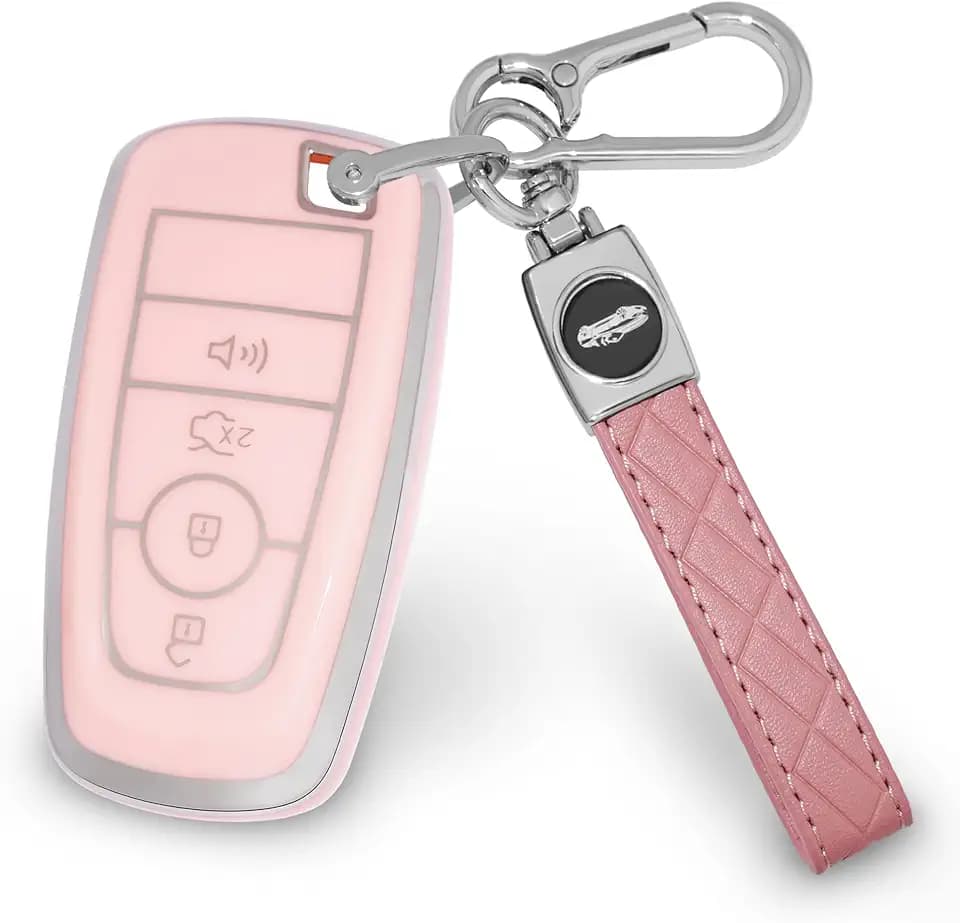 Pink Key Fob Cover for Ford Fits for Explorer Bronco Escape Edge Expedition Mustang F150 Fusion Ranger Lincoln Premium 4 Buttons TPU Car Key Cover with Keychain