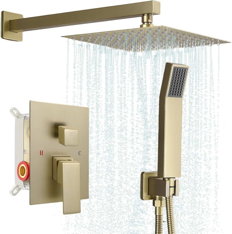 Modern Shower Faucet with 10 Inch Rain Shower Head System and Handheld Shower Combo, 2-Function Shower Fixtures with Trim Kit, Brushed Gold