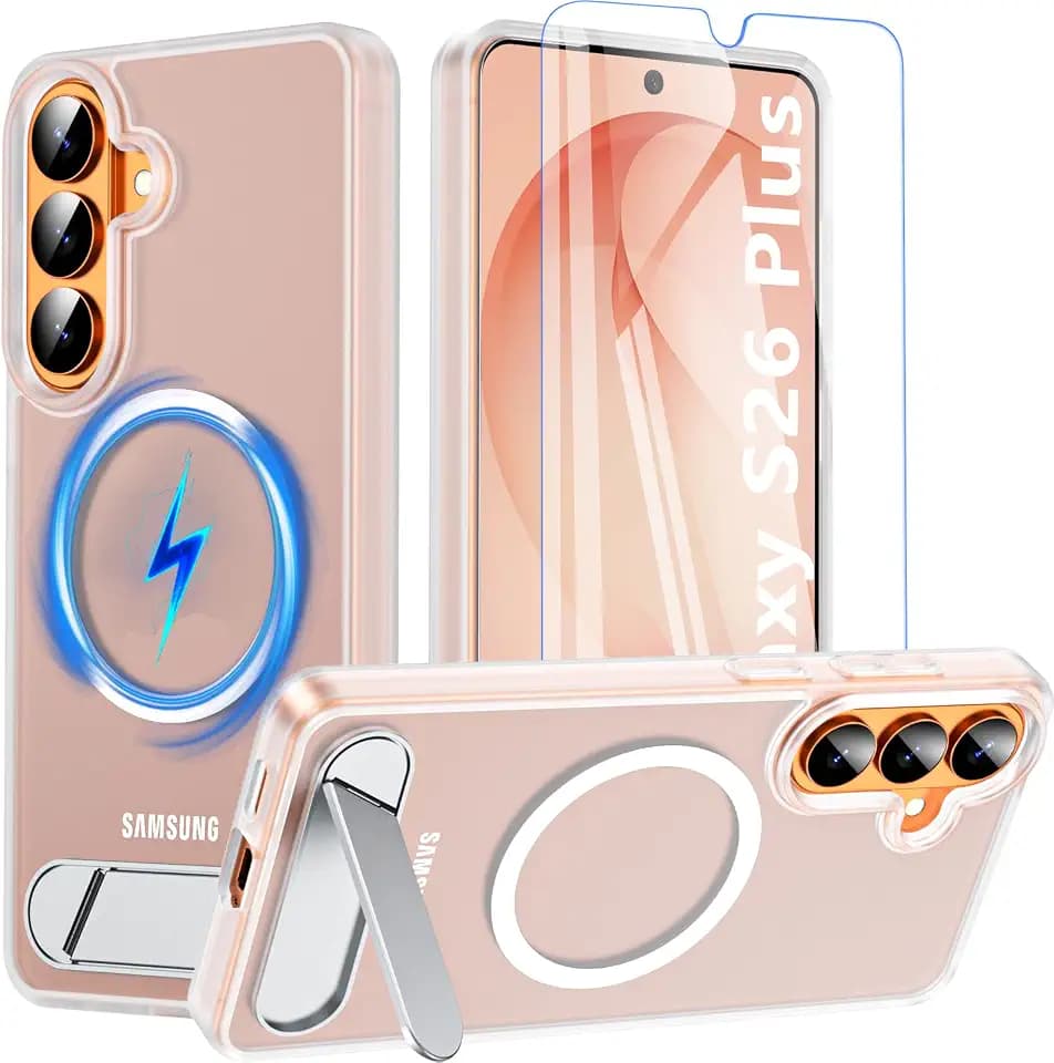 For Samsung Galaxy S26 Plus Case with Stand&Screen Protector,Strong Magnetic Galaxy S26 Plus Phone Case[Adjustable 3 Kickstand Ways] Military Protection Galaxy S26+ Case Slim Shockproof 5G Cover,Clear