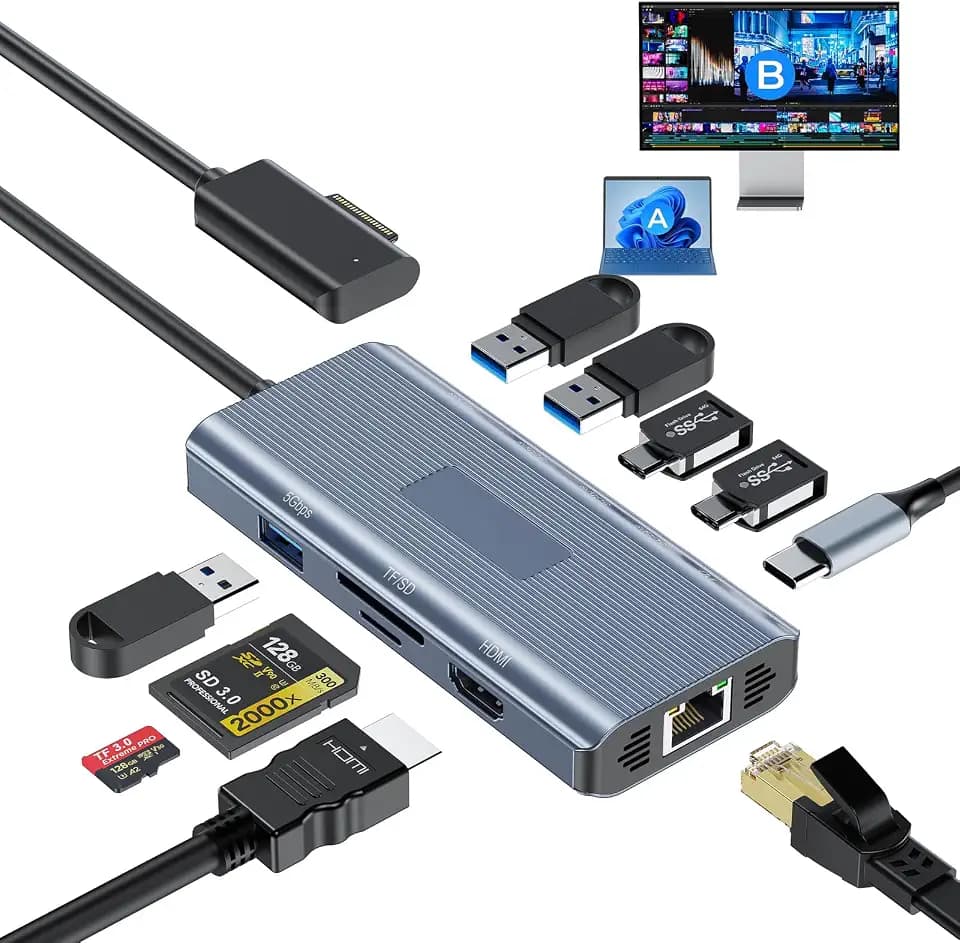 11-in-1 Surface Pro Docking Station, New Surface Dock 4K@60HZ HDMI, Surface Docking Station for Surface Pro 11/10/9/8/X/7/6/5/4/3, Surface Laptop 6/5/4/3/2/1, Surface Laptop Go 3/2/1, Surface Book