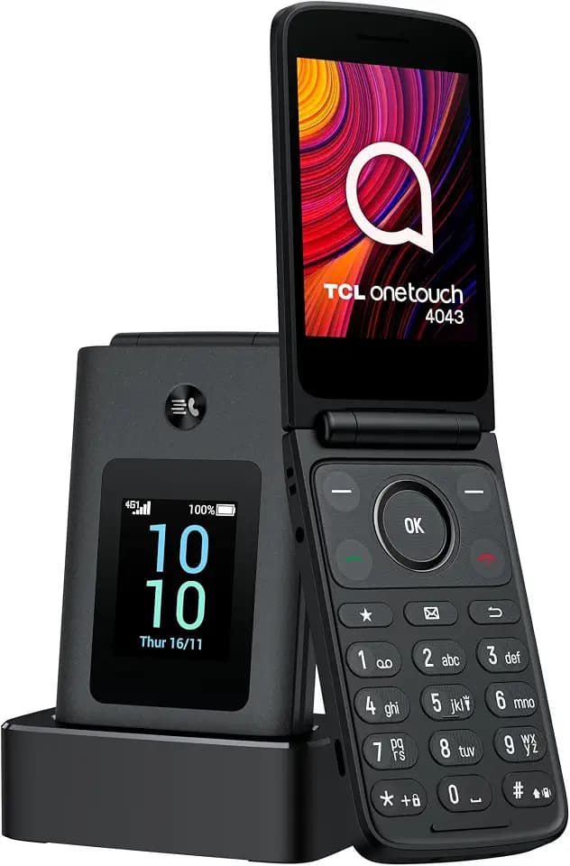 TCL Onetouch 4043 Smartphone, einfach zu bedienen, große Tasten, 4G, Zwei Clip-Displays, Taschenlampe, 1380-mAh-Akku, Bluetooth, Dual-SIM, 3,5-mm-Audioanschluss, mit Ladestation (Grau)
