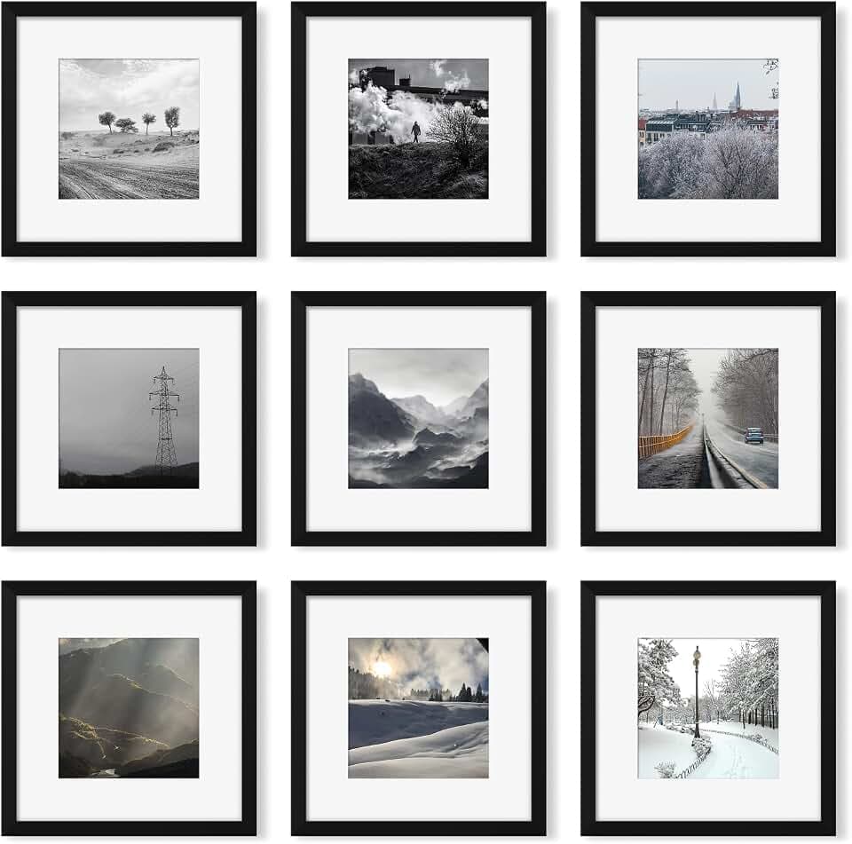 YESKAY 12x12 Picture Frame Set of 9, Photo Gallery Wall Frame Set, Display Pictures 8x8 with Mat or 12 x 12 Without Mat, Square Frame Picture Frames Collage Wall Decor, Black