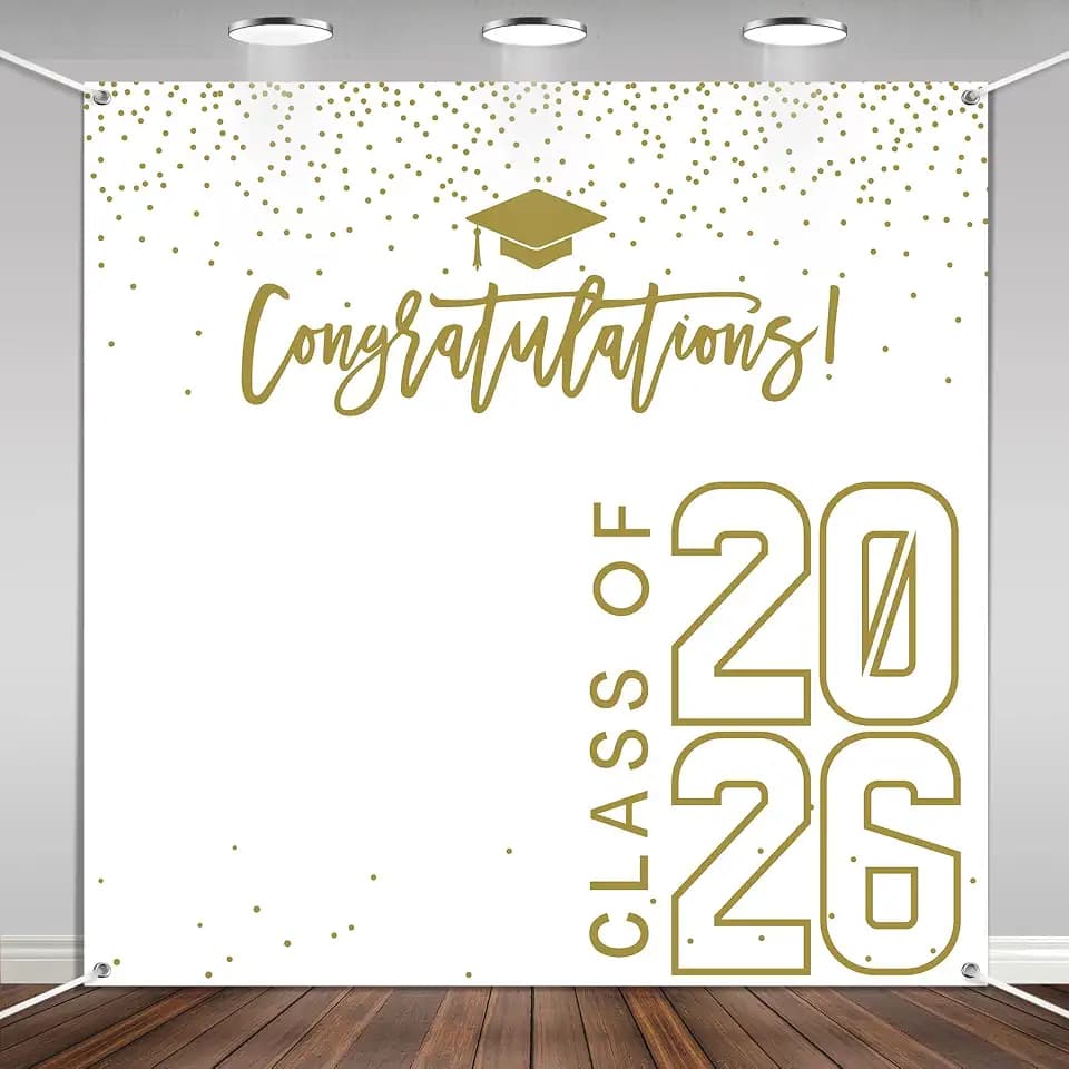 Class of 2026 Graduations Backdrop Congrats Grad Party Photo Background, 6 * 6ft Large Booth Props Congratulations Banner for 2026 Graduation Party Decorations Supplies (White Gold)