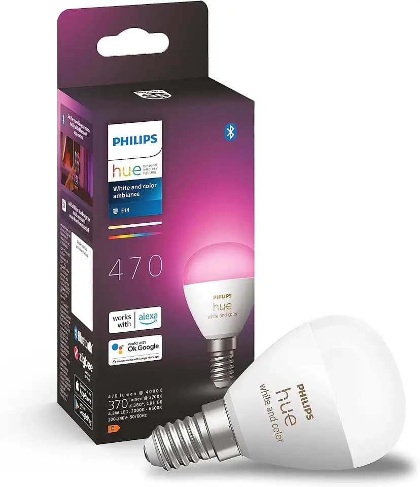 Philips Hue E14 LED Lampe, 470 lm | White & Color Ambiance, Dimmbar, 16 Mio. Farben, Hue Lichtsystem, Smarte Lichtsteuerung über Sprache und App, Smart Home