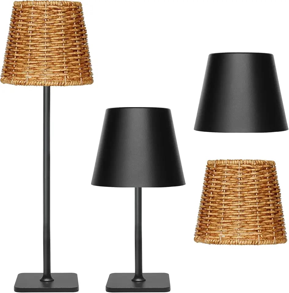 Mr.White Outdoor Waterproof Rechargeable Cordless Table Lamp with Wicker Shade, Battery Operated Table Light with Touch Control, for Patio Restaurant Kitchen (Black 2 Pack)