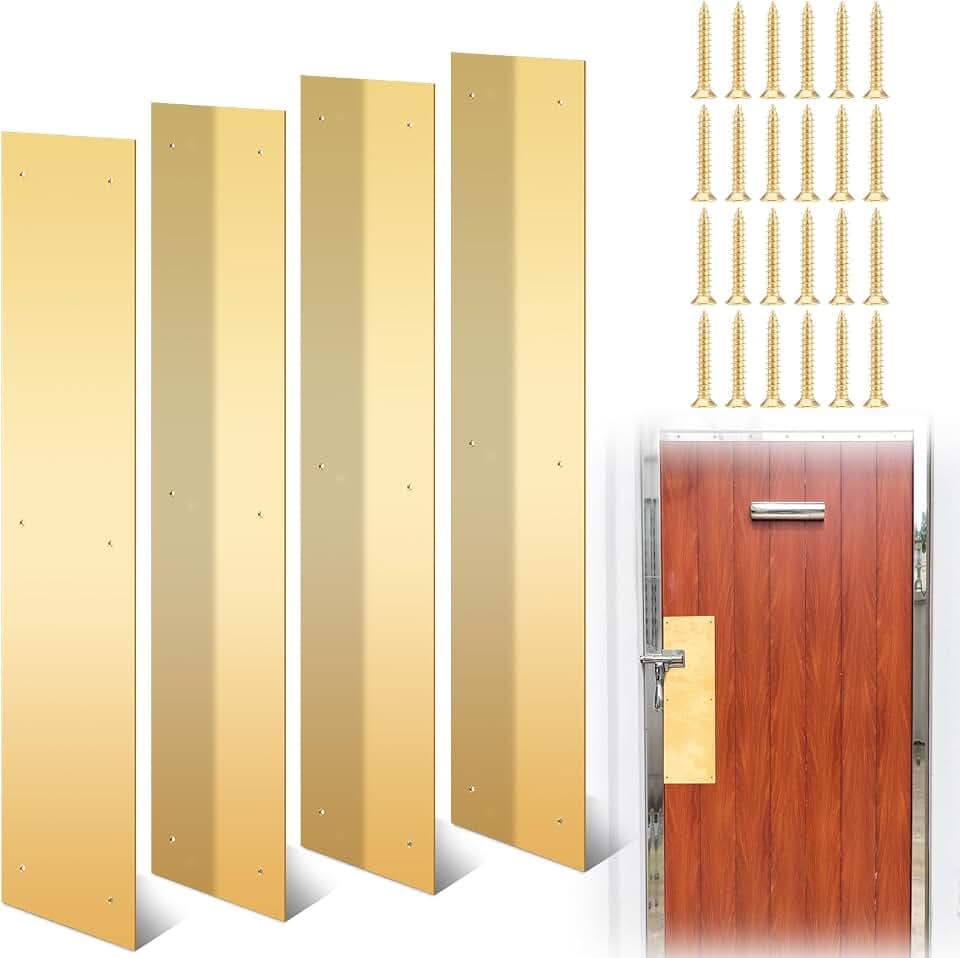 Blulu 4 Pcs Brass Door Push Plate 15 x 3.5 Inches Metal Door Protection Push Plate with Screws Brushed Kick Plates for Interior Exterior Anti-Scratch Resistant Accessories