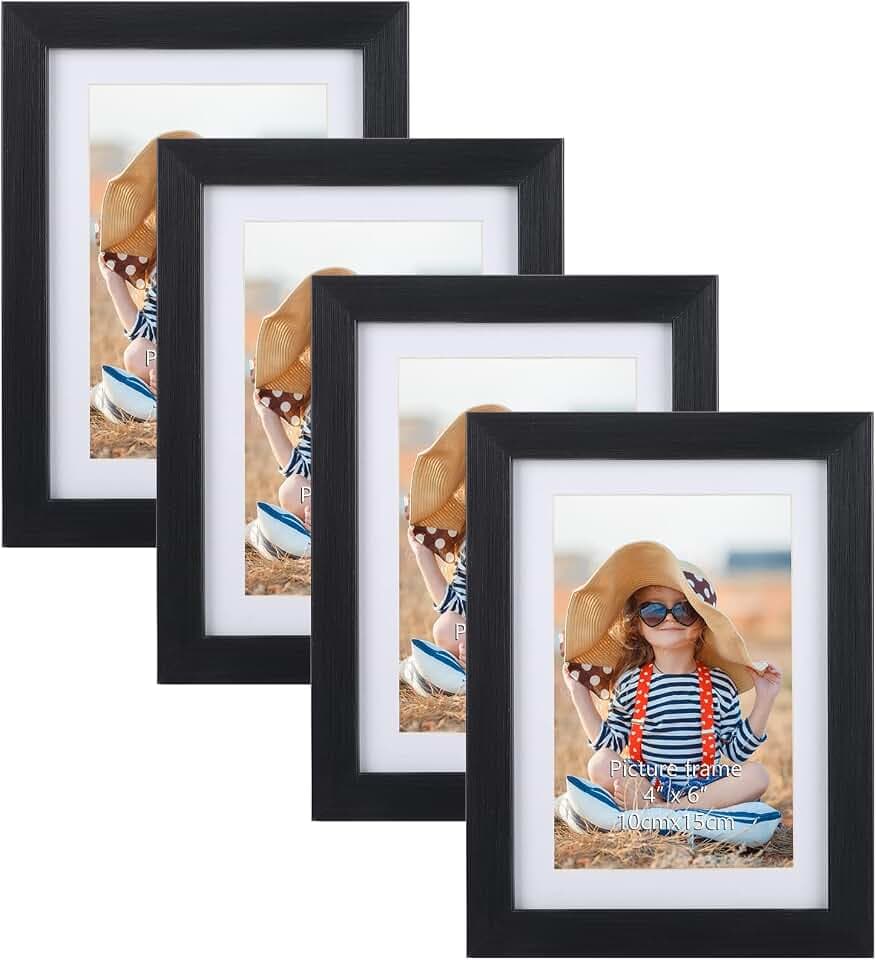 EXYGLO 4er Set Bilderrahmen 10x15 cm mit Passepartout oder 13x18 cm ohne Passepartout, Klassischer Fotorahmen mit Schwarz Holzmaserungsrahmen, Wand- oder Tischaufsteller