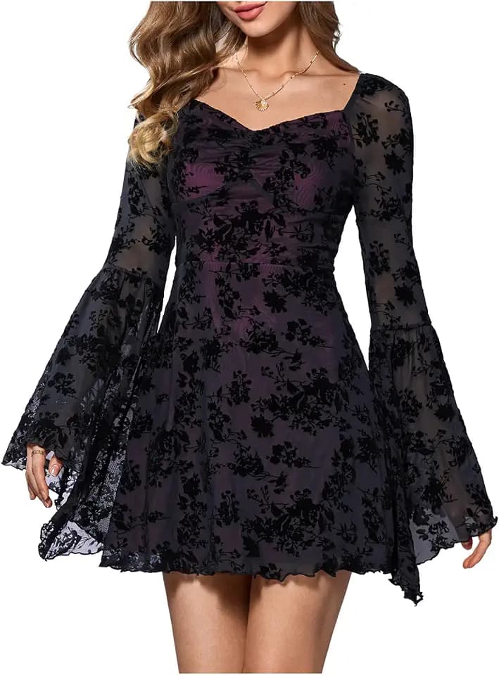 WDIRARA Women's Floral Jacquard Gothic Bell Long Sleeve Dress