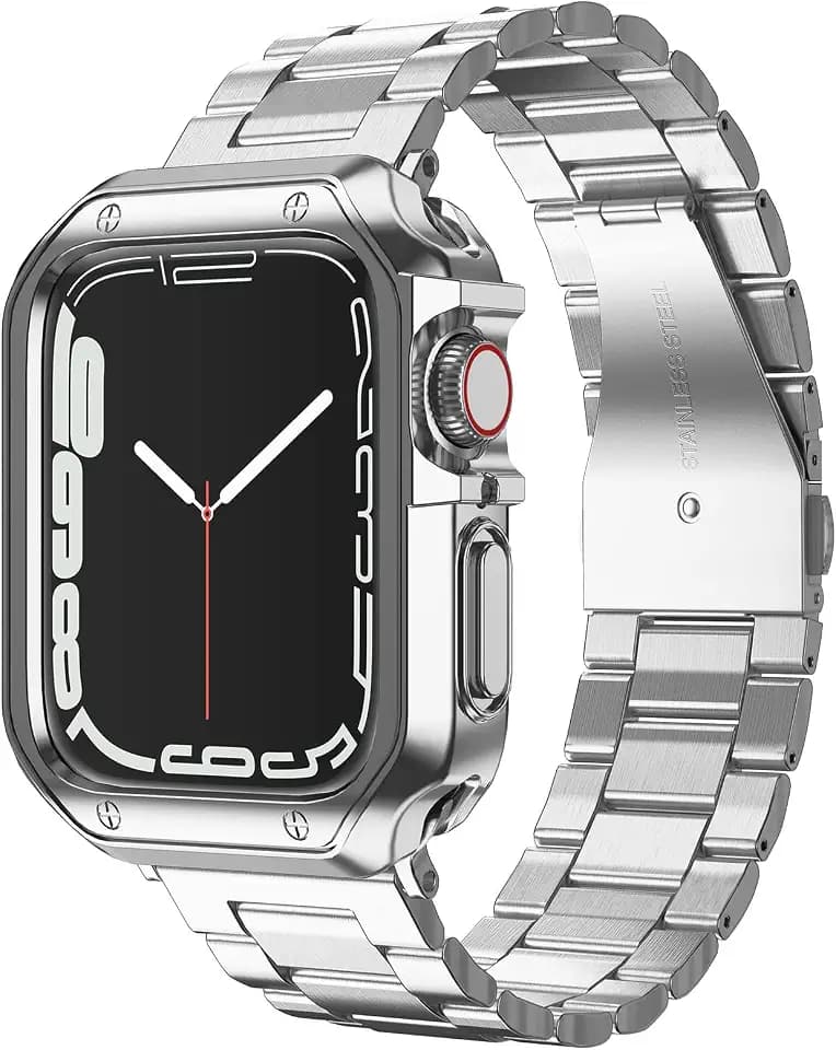Compatible with Apple Watch Band and Case, Stainless Steel Metal Chain with Soft TPU Cover, Smart-Watch Link Bracelet Strap, Wrist-Band for i-Watch Series 9 8 7 6 5 4 3 2 1 SE, 45mm 44mm 42mm, Silver