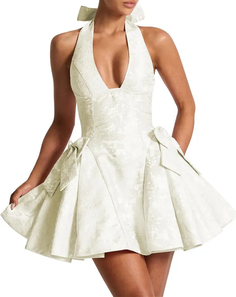 Women's Summer Backless Deep V Neck Halter Jacquard Mini Dress A-line Ruffle Lace Up Back Bow Short Dress