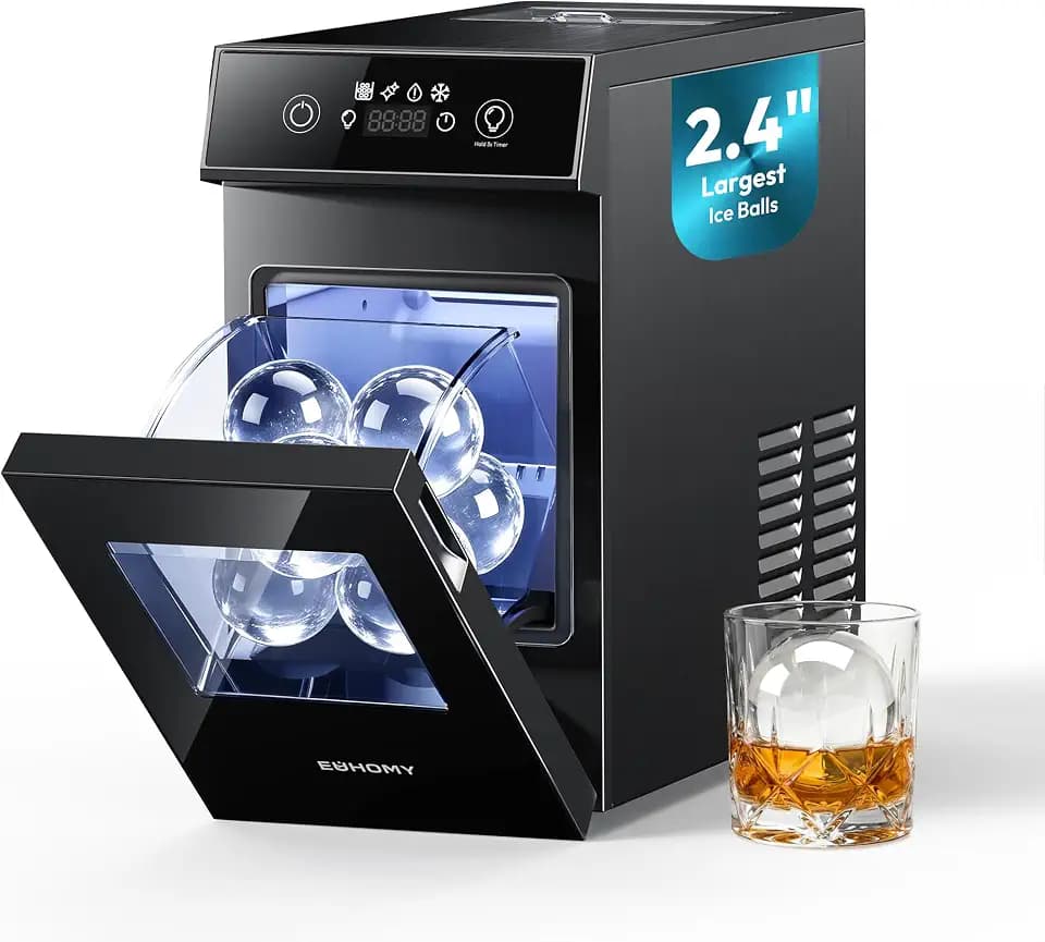 EUHOMY 2.4" Ice Ball Maker Countertop, 2Pcs Ready in 60Mins, 48Pcs/Day, 8H Timer, Self-Cleaning Sphere Ice Maker Machine with Crystal Clear Ice, Round Ice Cube Maker for Whiskey & Bourbon