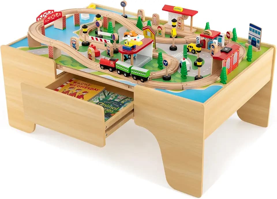 FANTASK 84-teiliges Spieltisch Holz, Kinder Eisenbahn Set mit umkehrbarer & abnembarer Tischplatte und Schublade, Aktivitätstisch zum Spielen, Malen, Lesen, Essen, Spielzeug für Kinder ab 3 Jahren