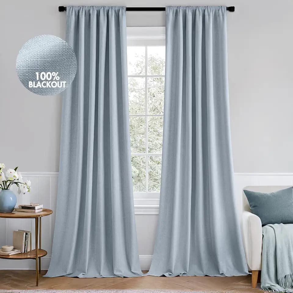 MIULEE 100% Blackout Back Tab Pleat Linen Curtains 50" Wx84 L,Chambray Blue