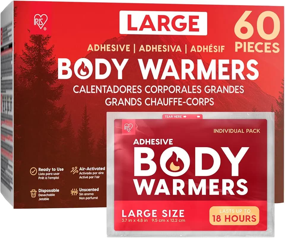 IRIS USA Hand Warmers, Regular/Large/Jumbo, 30/60 Individual Warmers, Regular/Adhesive Body Warmers Up to 10/12/18 Hours Disposable Handwarmer Bulk for Hot Hands Feet Chest Back, TSA-Approved, Camping