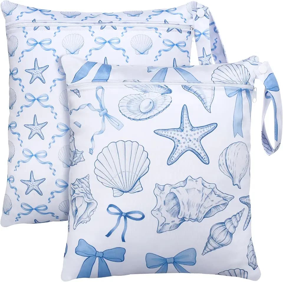 Sanwuta 2 Pack Wet Dry Bags Waterproof Wet Bag, Sea Shells, Blue and White