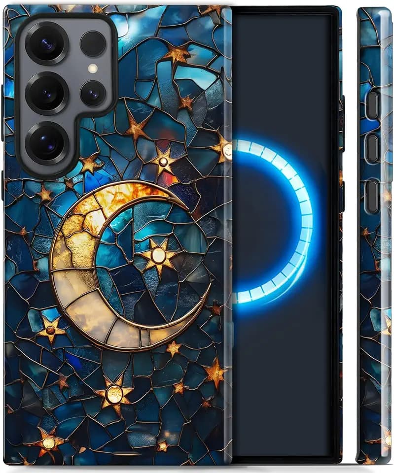 Case for Samsung Galaxy S22 Ultra,Moon Stars Stained Glass Case [Compatible with Magsafe] Design,Dual Layer Soft TPU Hard PC Bumper Phone Case Case for Men Women