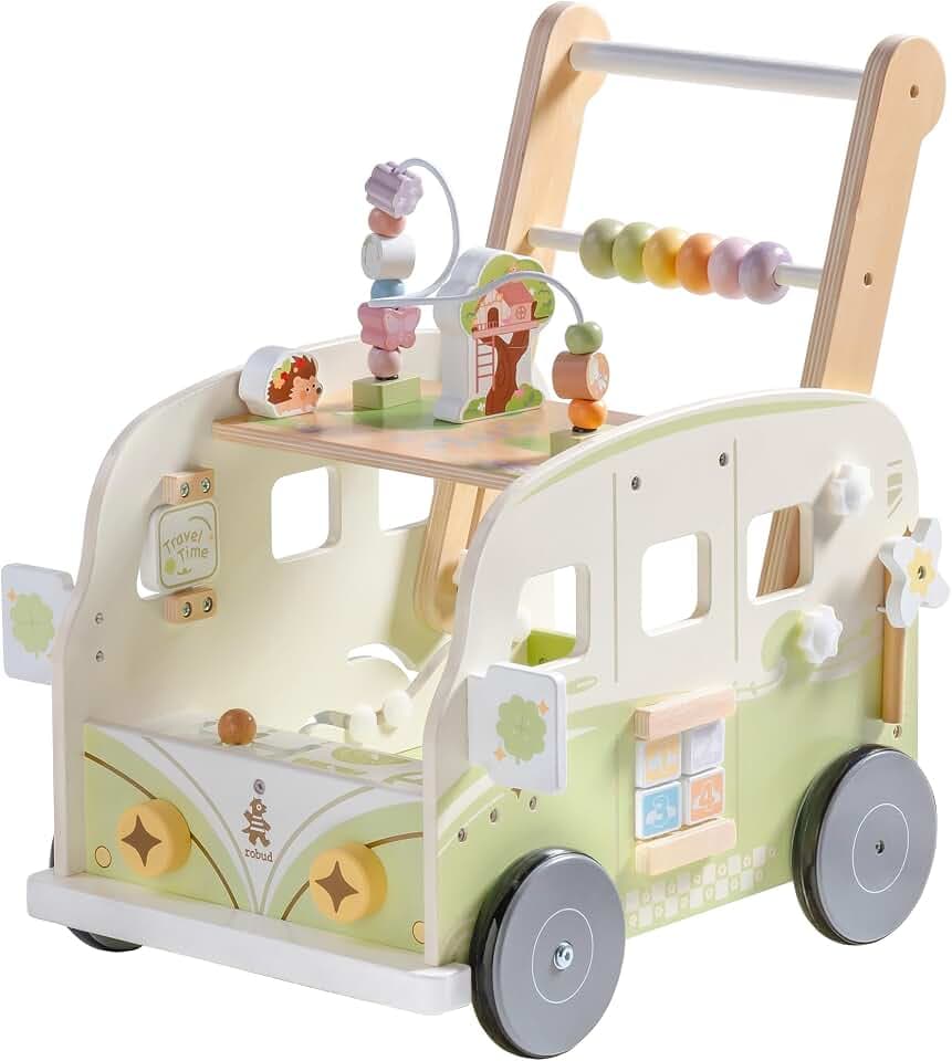 ROBUD Baby Lauflernhilfe Holz, Interaktiver Lauflernwagen, Einstellbare Geschwindigkeit & Höhe Baby Walker, Motorikspielzeug Geschenk für Kleinkinder ab 10 Monaten-1-2 Jahren