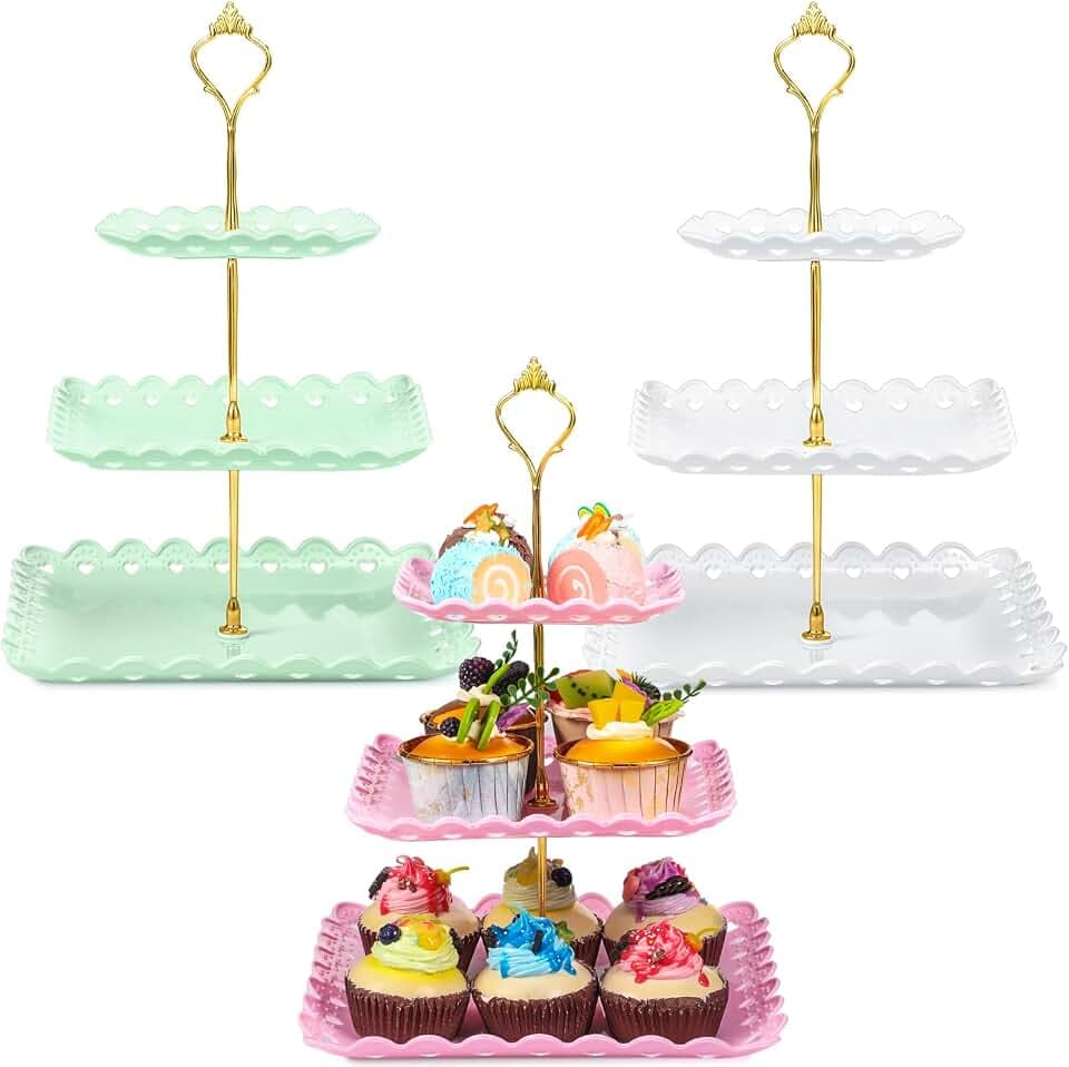 3 Pack 3 Tier Serving Tray for Tea Party, Pink,Green,White, Square