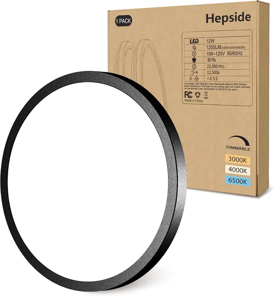 hepside 1PACK Flush Mount LED Ceiling Light Fixture Black, 6.5Inch 12Watt, Dimmable & 3000K-4000K-6500K Ceiling Lamp 1200LM Low Profile Ceiling Light for Kitchen Bedroom Hallway Porch