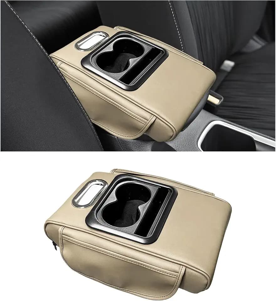 Car Center Console Armrest Pillow, Leather Arm Rest Cover Pad with 2 Storage Pockets Cup Holder & Phone Slot, Soft Middle Console Cushion Protector for Most Vehicles (Beige, Normal)