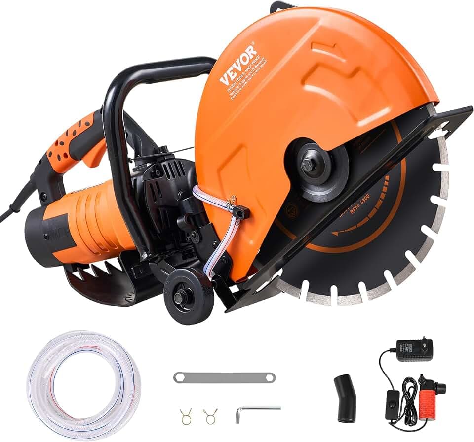 VEVOR Elektrische Betonsäge, 356 mm, Hochleistungs-Kreissäge 2800 W, Schnitttiefe 127 mm, Nass-/Trocken-Scheibensäge mit Wasserrohr, Wasserpumpe, Sägeblatt, für Stein und Ziegel