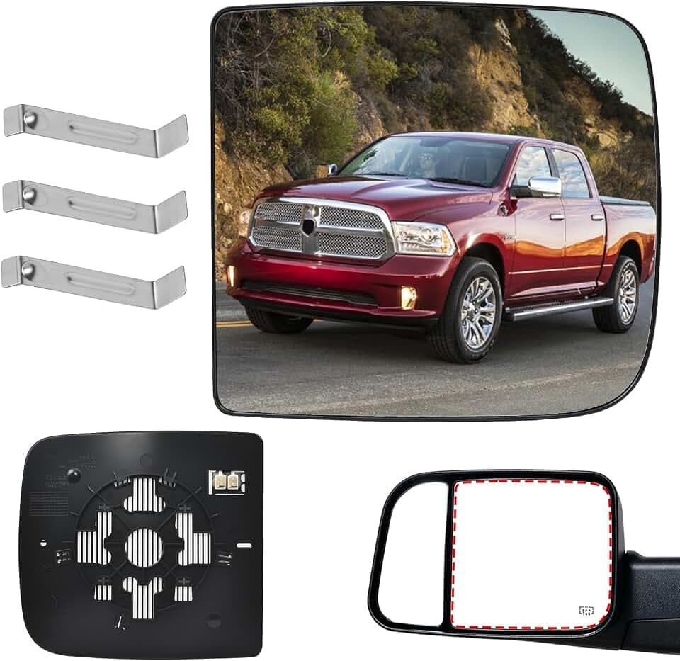TOP-MAX Ram Driver Left Side Upper Mirror Glass Replacement for 2010-2015 Dodge Ram 1500 2500 3500, Big Lens with Holder Heated Convex Mirror 68067727AA
