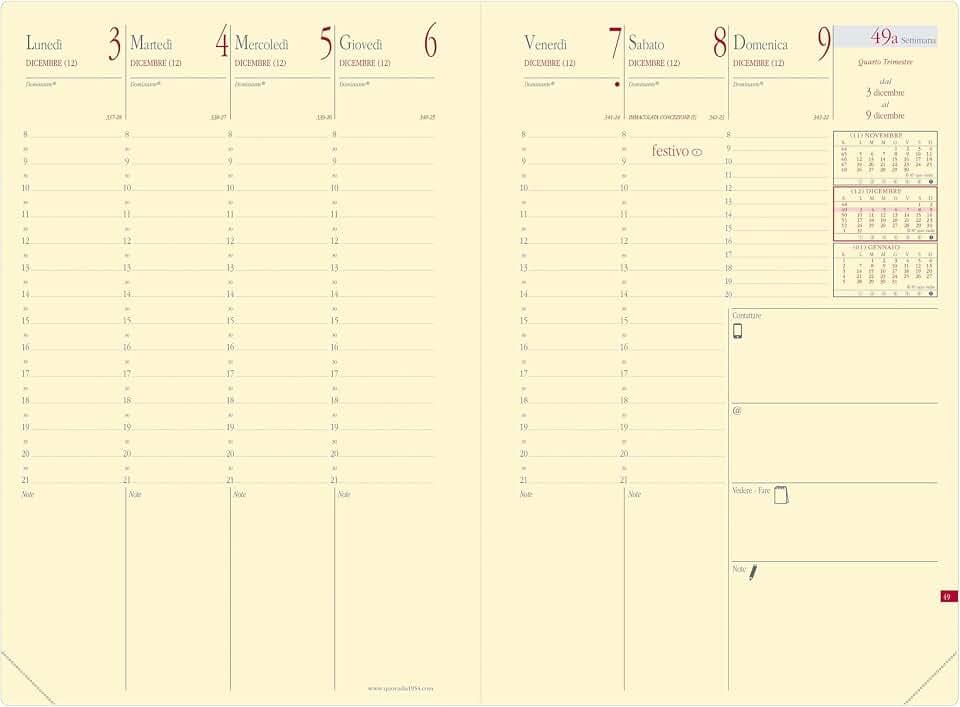 Quo Vadis 286006Q Terminplaner MINISTRO PREST Italienische Sprache Jahr 2022 Format 16 x 24 cm Wochenkalender 13 Monate Dezember Elfenbeinpapier Ersatz Terminplaner Blisterpapier Einband aus weißem Karton