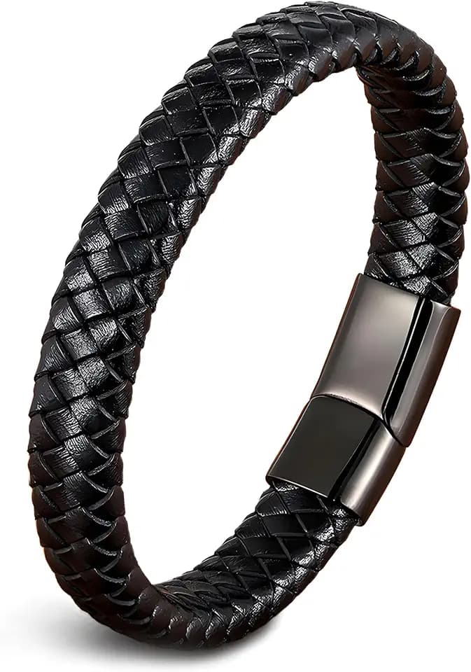 Leather Bracelet for Men, Braided Mens Cuff Bracelets with Stainless Steel Clasp Stacked Multi Style Color Anniversary Father's Day Birthday Christmas Jewelry Gifts for Him