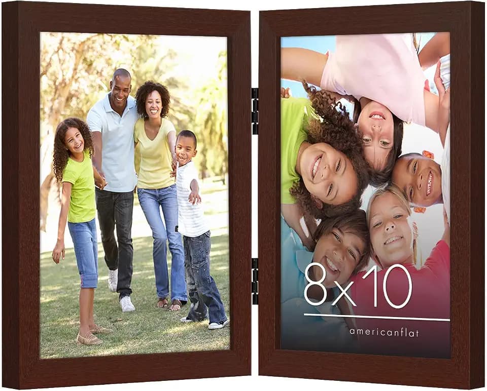 Americanflat Hinged 8x10 Picture Frame with Shatter-Resistant Glass - Double Picture Frames with Engineered Wood - Signature Collection - Photo Frame for Tabletop Display - Mahogany