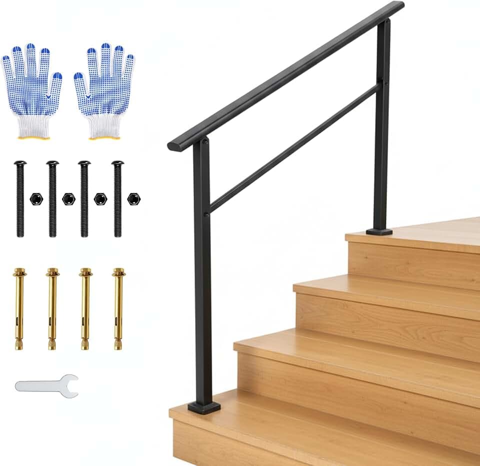 IDEALHOUSE 4 Step Outdoor Stair Handrail Kit, Black Aluminum & Iron Construction for Porch Steps, Easy Tool-Assembly Safety Railing, All Hardware & Gloves Included (1 Pack)