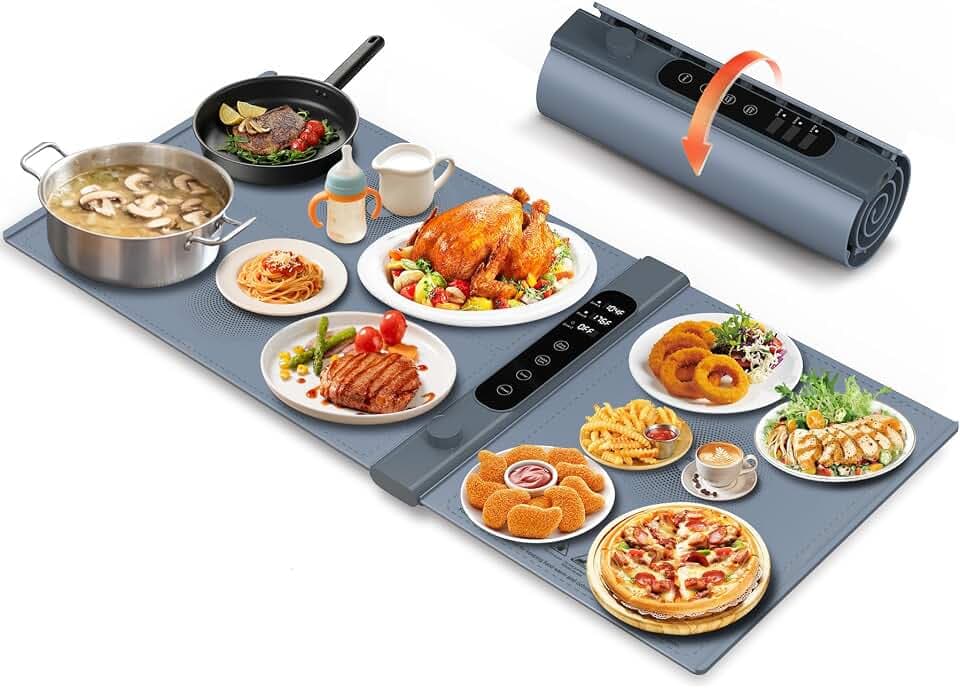 3-Zonen unabhängige Warmhalteplatte für Speisen 101×43 cm XXL, Elektrische Speisenwärmer mit 17 Temperaturstufen & 1–6 h Timer, Silikon-Rollbarer Buffetwärmer & Wärmeplatte Essen für Party-Buffets