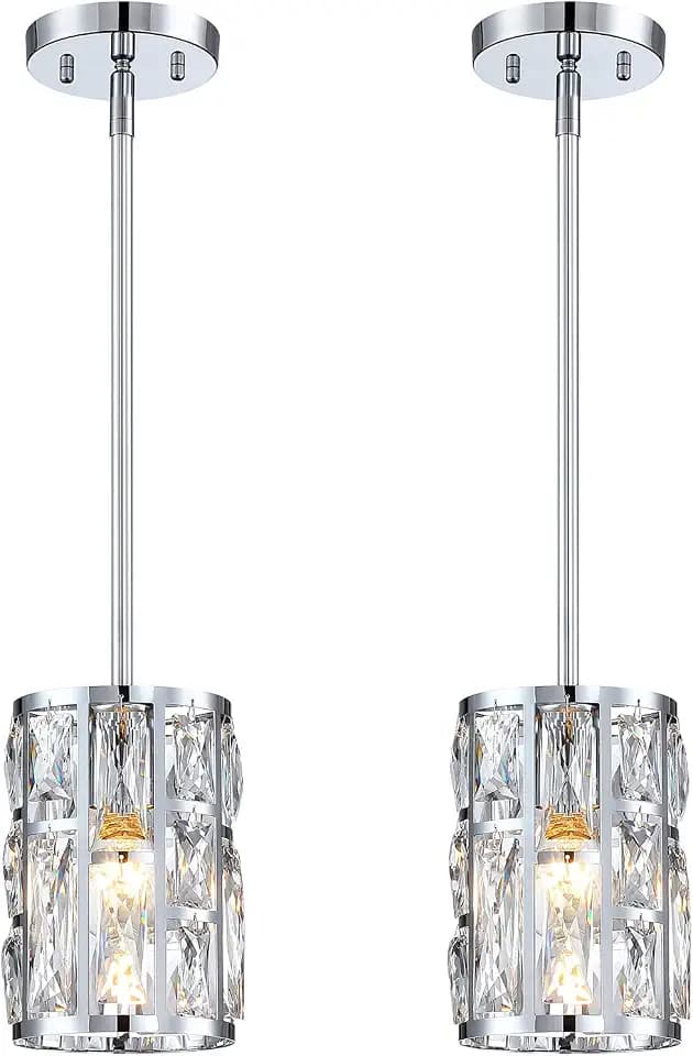 MEXO Modern Crystal Pendant Light Fixture 2-Pack Chrome Finish Hanging Lighting Crystal Chandelier for Kitchen Island