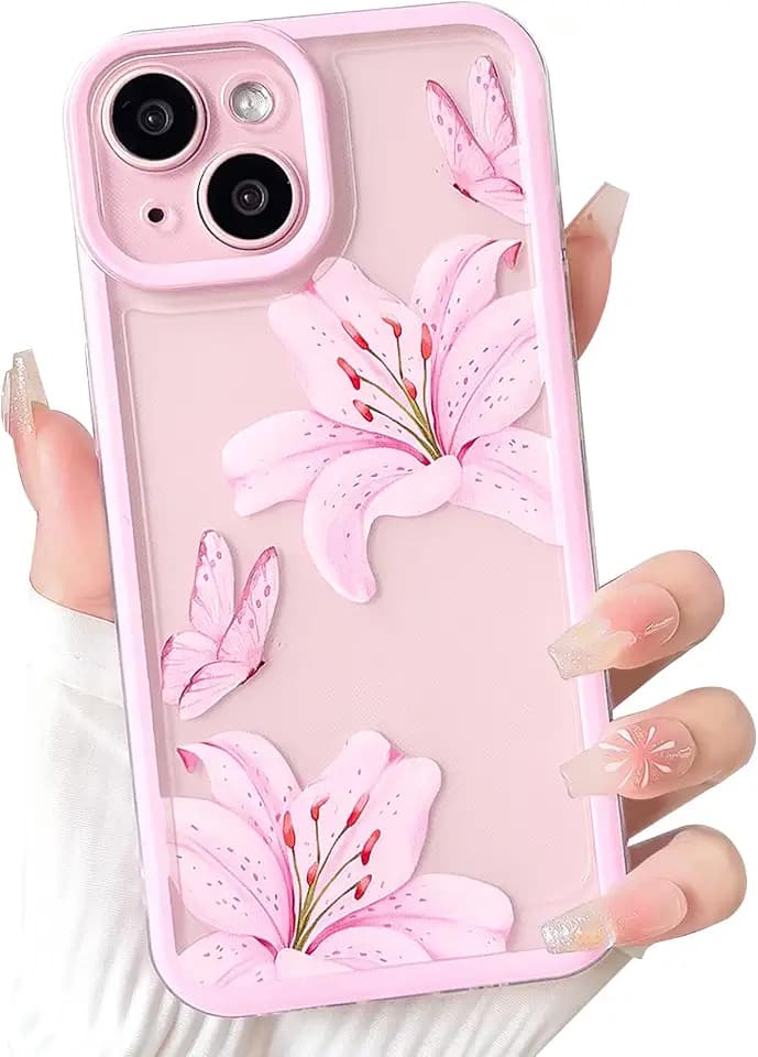 NITITOP Compatible for iPhone 13 Case Clear Flowers - Pink