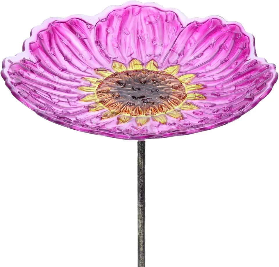 MUMTOP Vogeltränke aus Glas für den Außenbereich, 30,5 cm, Vogeltränke mit Metallpfahl, Sonnenblumen-Vogelfutterspender für Garten und Terrasse