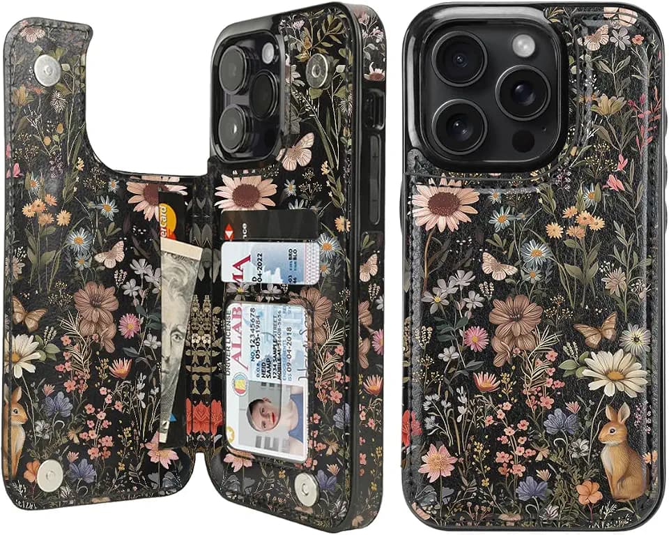 uCOLOR for iPhone 14 Pro Wallet Case with Card Holder Wild Garden