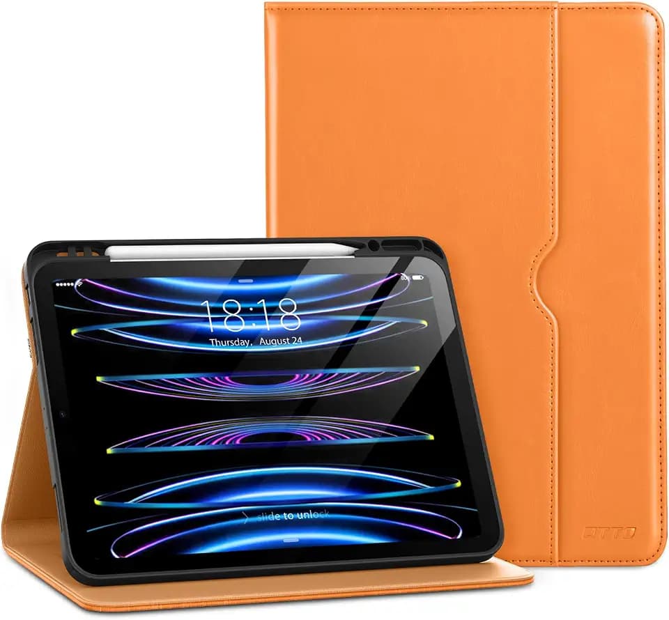 DTTO for iPad Pro 12.9 6th / 5th / 4th / 3rd Generation Case 2022/2021/2020/2018, Leather Folio Stand Cover with Built-in Apple Pencil Holder -Auto Wake/Sleep and Multi Viewing Angles,Orange