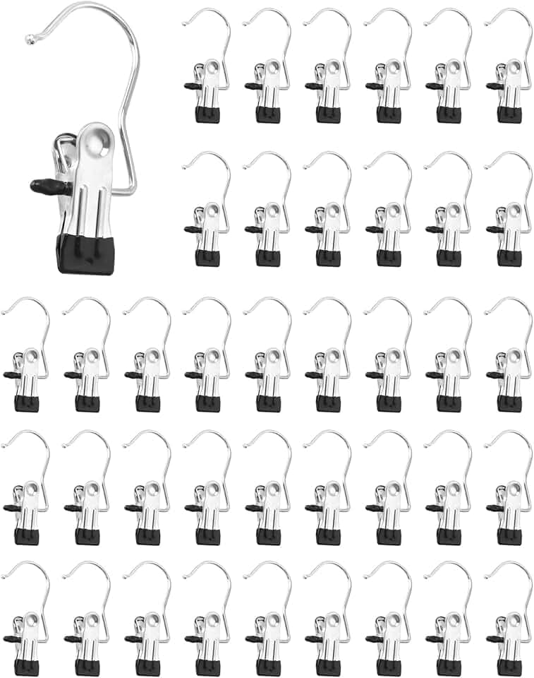 QWORK® 40 Stück S-Haken Kleiderclips aus Edelstahl, offene Haken-Clips mit schwarzen Klemmbacken, ca. 11,5 x 4,5 cm, für Hosen, Socken, Handtücher, Schrankorganisation