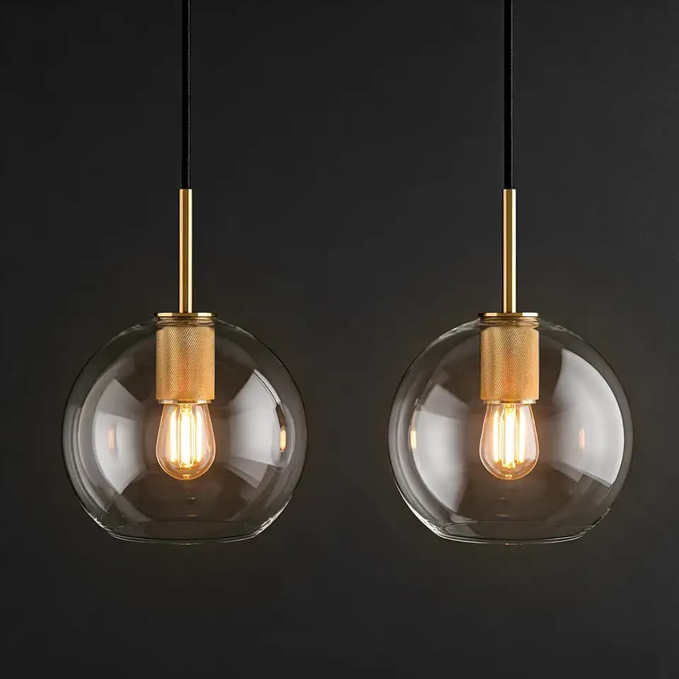 Brushed Brass Pendant Light, 7" Gold Globe Shade, Kitchen Island Fixture
