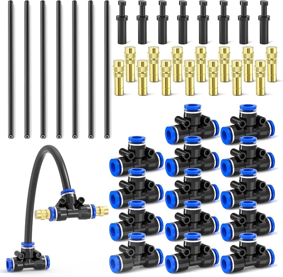 MEANLIN 8PCS Brass Misting Nozzles Tee with 12 Inch Built in Hose, Adjustable 360° Rotation Nozzles Water Mister Nozzles Thread Sprayer Parts for Outdoor Cooling System, Watering System, Patio Mister