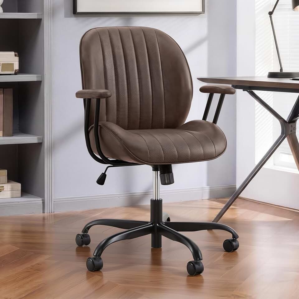 KISLOT Ergonomic Home Office Chair with Removable Arms, Adjustable Swivel Desk Chair with Wheels, Modern Faux Leather Computer Chair with Lumbar Support, Espresso