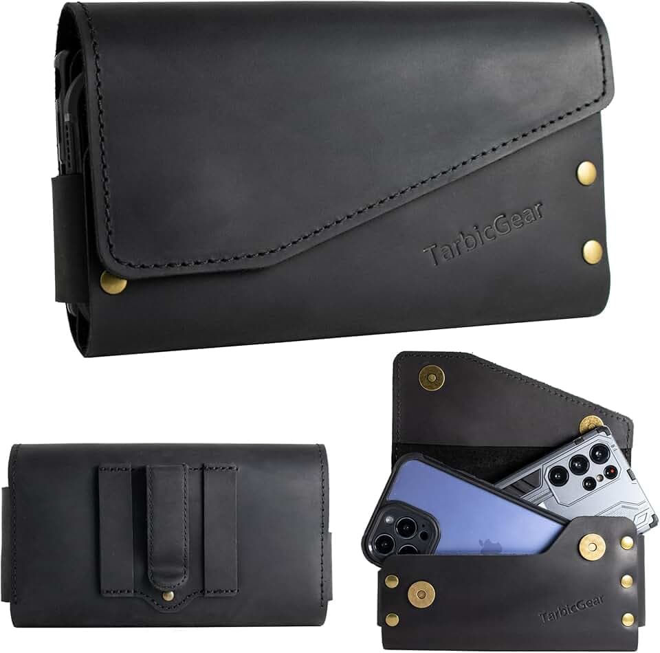 Leather Double Phone Case for Two Phones, Double Phone Holster for Men Belt, Belt Clip Dual Phone Pouch for iPhone 16 Pro Max, Samsung Galaxy S23 Ultra, for Work, Construction, Large Black