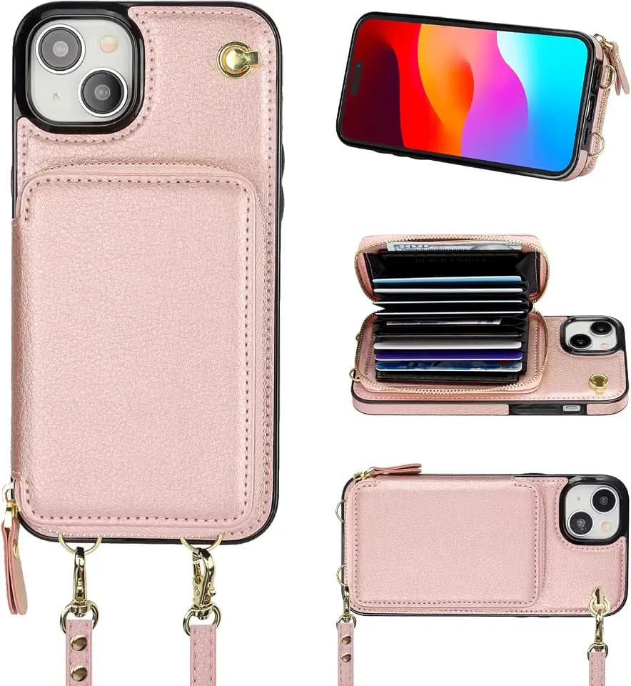Bocasal Multi-Slot Crossbody Wallet Case for iPhone 15 Plus, Rose Gold
