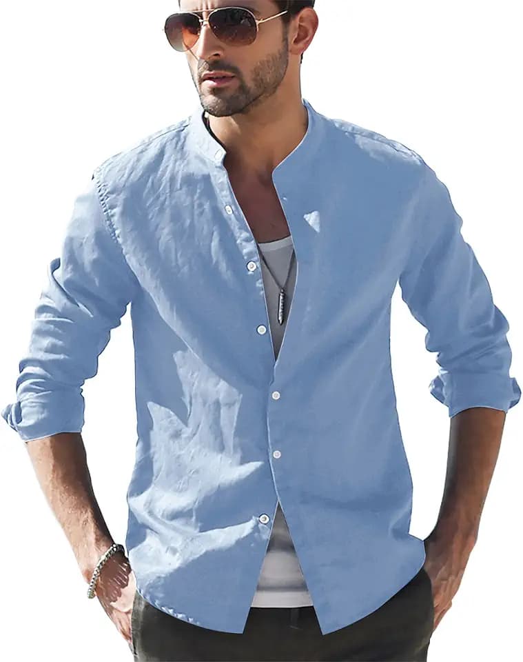 LVCBL Mens Casual Cotton Shirt Long Sleeve Band Collar Henley Shirt Tops