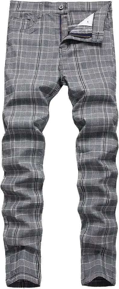Keevoom Plaid Pants for Men Stretch Skinny Slim Fit Flat-Front Casual Fashion Comfy Solid Pencil Business Dress Chinos Pants