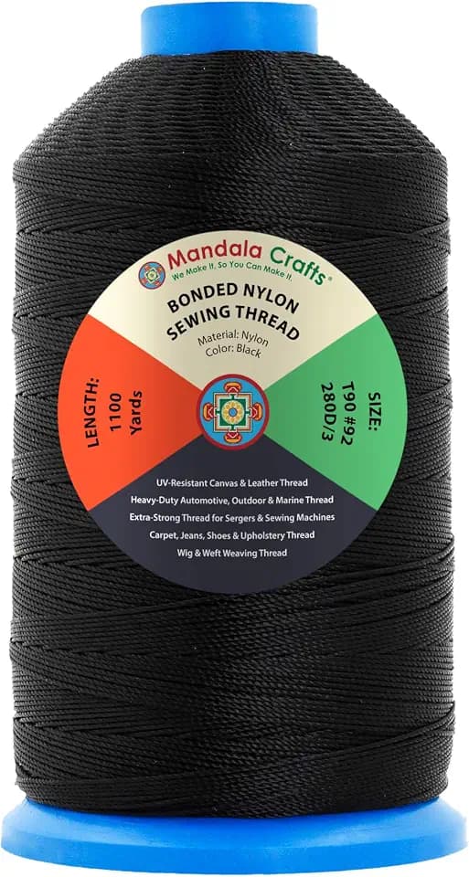 Mandala Crafts Size 92 280D T90 Black Bonded Nylon Thread, 1100 YDs