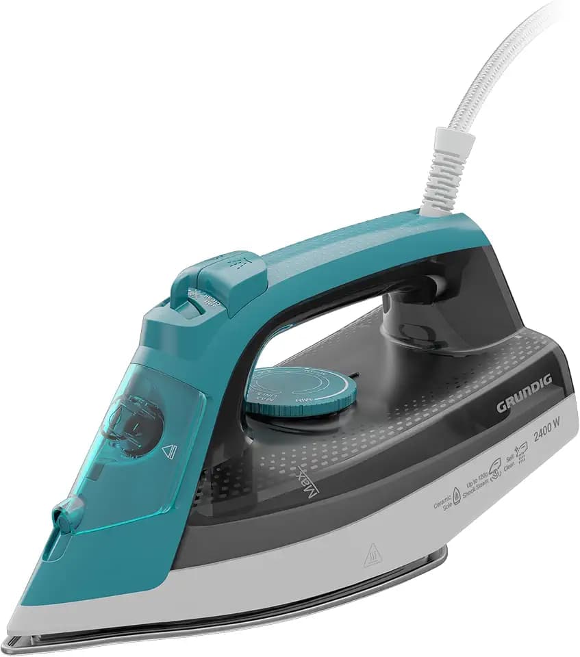 GRUNDIG SI 3550 Dampfbügeleisen, 2.400 W, 120 g/Min Dampfstoß, 25 g/Min Dampfleistung, Keramik-Bügelsohle, 220 ml Wassertank, Drip Stop, Anti-Kalk-Technologie, Weiß/Türkis