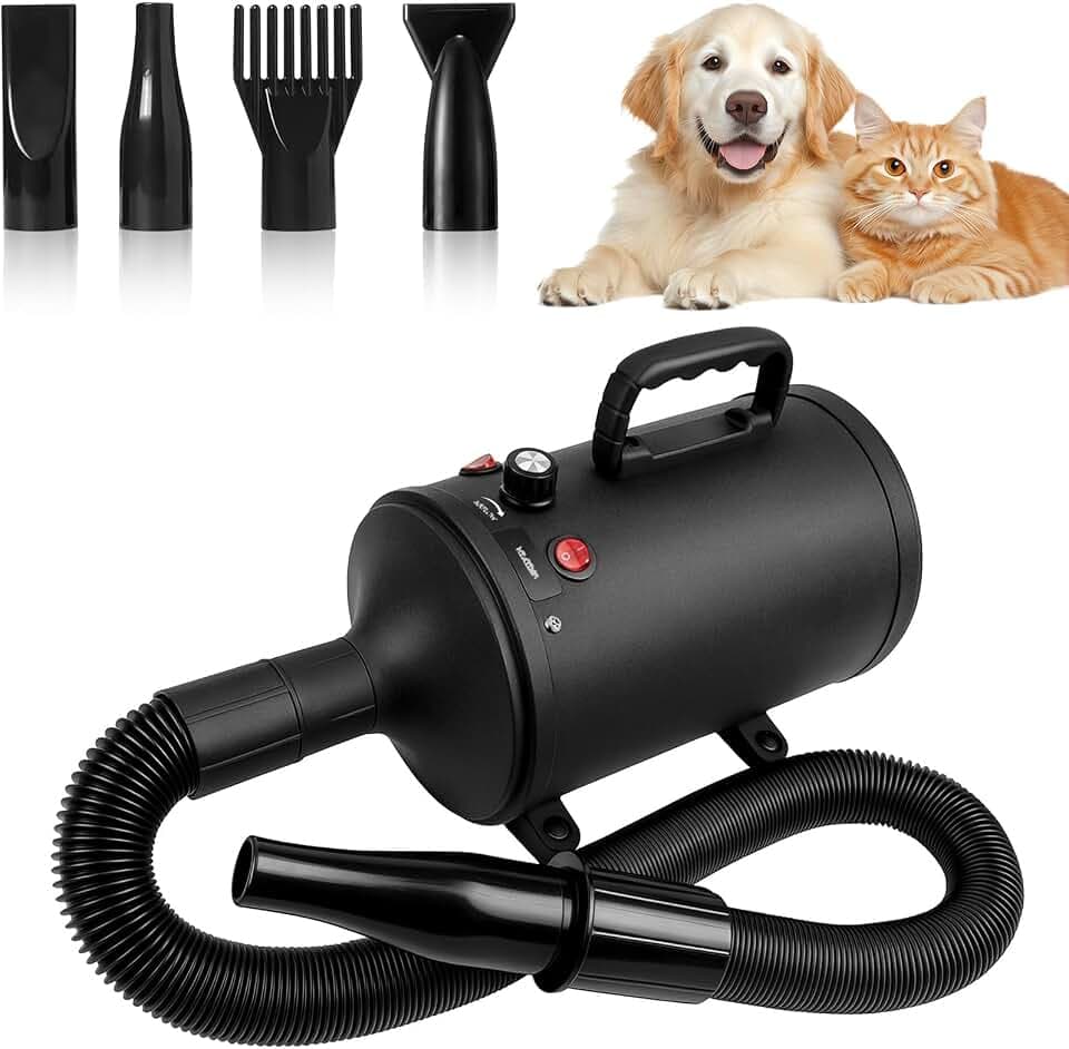 3200W Hundefön Blower Sehr Leise - Pet Dryer Hundetrockner Blower mit Einstellbarer Windgeschwindigkeit und Temperaturen, 4 Verschiedenen Düsen Elastischem Schlauch und Pflegebürst