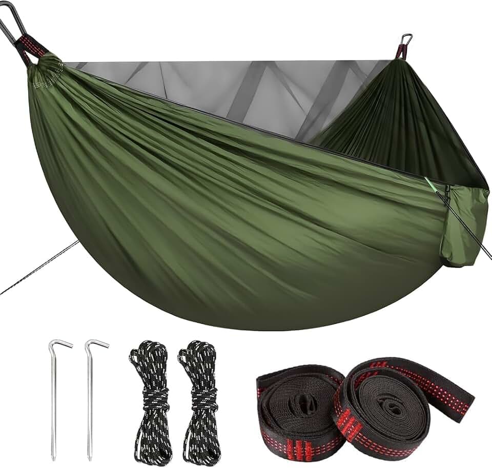 Ultraleichte Hängematte Outdoor mit Moskitonetz, Tragbare 210T Nylon Reisehängematte, Camping Hängematte mit Befestigungs-Set, für Rucksackreisen, Wandern, Abenteuer, 290×140cm